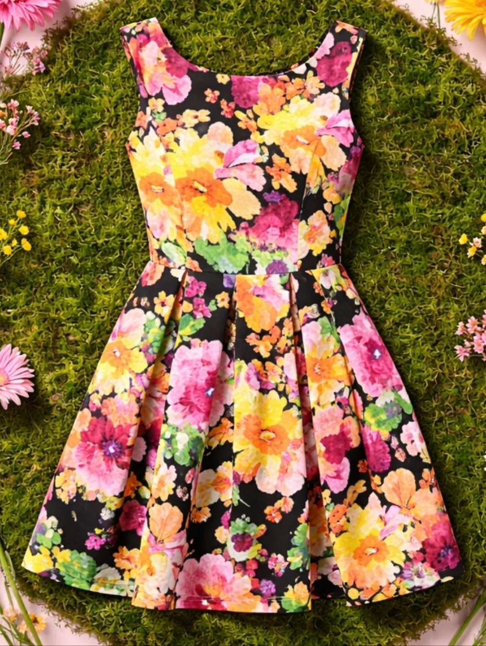 FIT & FLAIR Springtime Floral DRESS Vibrant COLORS limited Size LARGE like NEW